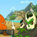Una escena animada con una chica de cabello naranja y gafas que sostiene un arma, y un personaje enmascarado con detalles en verde, rodeados de un paisaje montañoso y un río