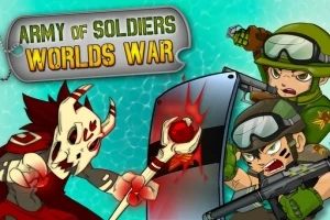 Soldados caricaturizados enfrentando a un guerrero con máscara de calavera, con escudo y armas en mano