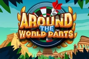 Título Around the World Darts con un tablero de dardos y un dardo rojo, rodeado de paisajes con pirámides y edificaciones exóticas