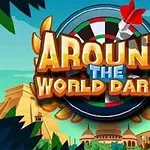 Título Around the World Darts con un tablero de dardos y un dardo rojo, rodeado de paisajes con pirámides y edificaciones exóticas