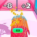 Un camino con lápices naranjas con puntas azules, un número 69 en un círculo verde y puertas rojas al fondo con las operaciones -8 y ÷2 arriba de ellas