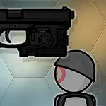 Una pistola negra flotando sobre un fondo con figuras geométricas y un personaje simple con casco en la esquina