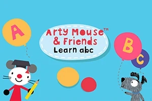 Dos personajes infantiles sostienen globos con letras ABC sobre un fondo azul, con el texto Arty Mouse & Friends Learn abc en el centro