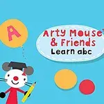 Dos personajes infantiles sostienen globos con letras ABC sobre un fondo azul, con el texto Arty Mouse & Friends Learn abc en el centro