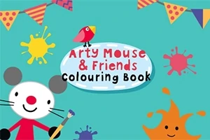 Libro para colorear con un personaje de ratón artístico y salpicaduras de pintura de colores