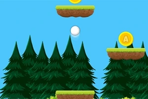 Bosque animado con plataformas flotantes, monedas y una esfera blanca en movimiento