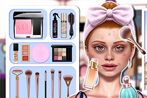 Mujer con diadema rosa y maquillaje facial junto a un estuche de cosméticos, brochas, paletas y frascos de perfume