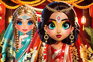 Dos muñecas estilizadas con maquillaje vibrante y vestimenta tradicional adornada con joyas y colores brillantes, en un entorno decorado festivamente