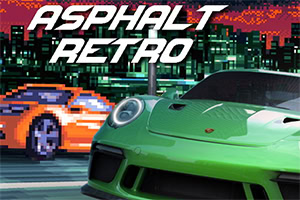 Coche deportivo verde en primer plano con un auto pixelado de fondo y la palabra Asphalt Retro en la parte superior