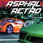 Coche deportivo verde en primer plano con un auto pixelado de fondo y la palabra Asphalt Retro en la parte superior