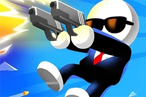 Personaje de figura stickman en traje negro disparando dos pistolas y usando gafas de sol en un fondo azul