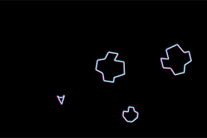 Fondo negro con formas geométricas blancas que simulan asteroides y una pequeña nave triangular