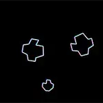 Fondo negro con formas geométricas blancas que simulan asteroides y una pequeña nave triangular