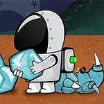 Un astronauta dibujado en un traje espacial recoge cristales azules grandes mientras un pequeño alienígena azul yace en el suelo