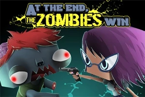 Personaje con cabello púrpura y gafas apunta con una pistola a un zombie de ojos rojos y cabello rojo