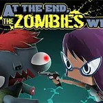 Personaje con cabello púrpura y gafas apunta con una pistola a un zombie de ojos rojos y cabello rojo