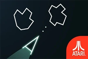 Una nave triangular dispara hacia dos asteroides dibujados con líneas blancas sobre un fondo negro, con el logo de Atari en la esquina inferior derecha