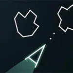 Una nave triangular dispara hacia dos asteroides dibujados con líneas blancas sobre un fondo negro, con el logo de Atari en la esquina inferior derecha