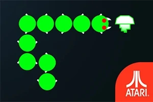 Serpiente compuesta por esferas verdes y un hongo, con el logotipo de Atari en la esquina inferior derecha