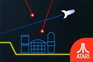Nave espacial disparando láseres rojos mientras sobrevuela una ciudad futurista, con un logotipo de Atari en la esquina