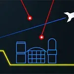 Nave espacial disparando láseres rojos mientras sobrevuela una ciudad futurista, con un logotipo de Atari en la esquina
