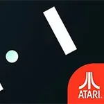Dos barras blancas y una pelota entre ellas en un fondo negro, con el logo de Atari en la esquina inferior derecha