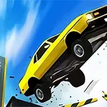 Auto amarillo saltando por una rampa en el aire con fondo azul
