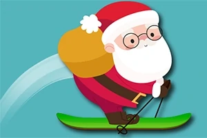 Santa Claus caricaturizado esquiando con un saco amarillo sobre un fondo azul