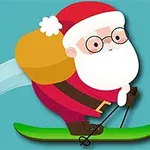 Santa Claus caricaturizado esquiando con un saco amarillo sobre un fondo azul