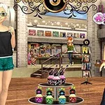 Dos chicas con ropa moderna en una tienda con estantes llenos de productos y decoraciones coloridas