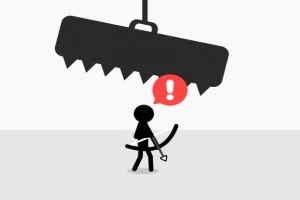 Dibujo de una figura de palo con un arco y flecha, con un símbolo de advertencia rojo sobre su cabeza y una trampa encima
