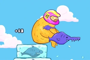 Un personaje con casco rosado sostiene un pez azul mientras está sentado en un bloque de hielo con un tiburón dentro, en un cielo azul con nubes