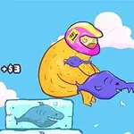 Un personaje con casco rosado sostiene un pez azul mientras está sentado en un bloque de hielo con un tiburón dentro, en un cielo azul con nubes