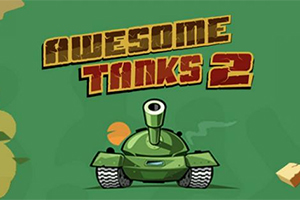 Un tanque verde caricaturesco con un cañón grande en el centro frente a un fondo verde, acompañado del texto Awesome Tanks 2