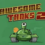 Un tanque verde caricaturesco con un cañón grande en el centro frente a un fondo verde, acompañado del texto Awesome Tanks 2
