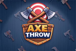 Logotipo de Axe Throw con dos hachas cruzadas sobre un escudo de madera y un fondo azul con hachas