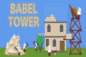 Construcción de una torre con trabajadores y una estructura de andamio en un entorno de dibujos animados