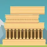 Ilustración de un templo griego con columnas dóricas y bloques de piedra apilados, con montañas nevadas de fondo