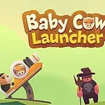 Una ilustración con personajes caricaturescos, incluyendo una vaca bebé en un cañón, dos granjeros con horcas y el texto Baby Cow Launcher en la parte superior