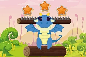 Un dragón azul animado está sentado sobre un tronco de madera con púas en un paisaje de fantasía lleno de vegetación y estrellas naranjas en el cielo