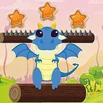 Un dragón azul animado está sentado sobre un tronco de madera con púas en un paisaje de fantasía lleno de vegetación y estrellas naranjas en el cielo