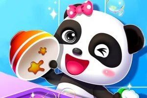 Panda con moño rosa guiñando un ojo mientras sostiene un cuenco delante de un fondo azul con burbujas