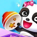 Panda con moño rosa guiñando un ojo mientras sostiene un cuenco delante de un fondo azul con burbujas