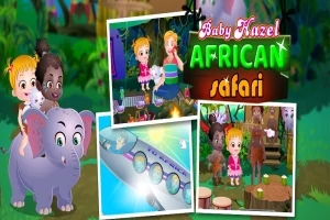 Niños montando un elefante con collages de escenas de safari africano y un avión
