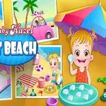 Niña en la playa bajo una sombrilla con imágenes adicionales de actividades de playa y un coche rosa