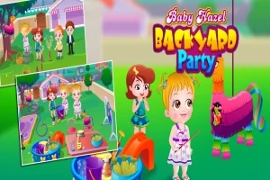 Niña en un jardín con una piñata colorida, rodeada de niños y actividades de fiesta