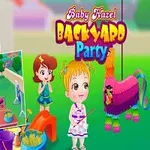 Niña en un jardín con una piñata colorida, rodeada de niños y actividades de fiesta