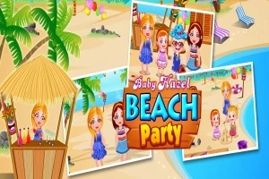 Fiesta en la playa con niños jugando y decoraciones tropicales