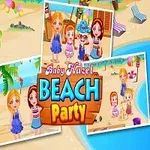 Fiesta en la playa con niños jugando y decoraciones tropicales
