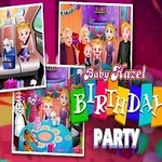 Una niña con un vestido azul y sombrero de fiesta está frente a imágenes de una celebración de cumpleaños con amigos y decoración colorida